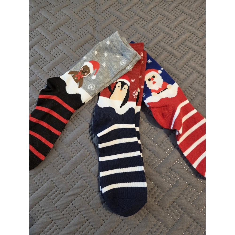 Merry Christmas 3 Pairs Crew Socks Size 9-12 Santa, Gingerbread man and Pigeon.